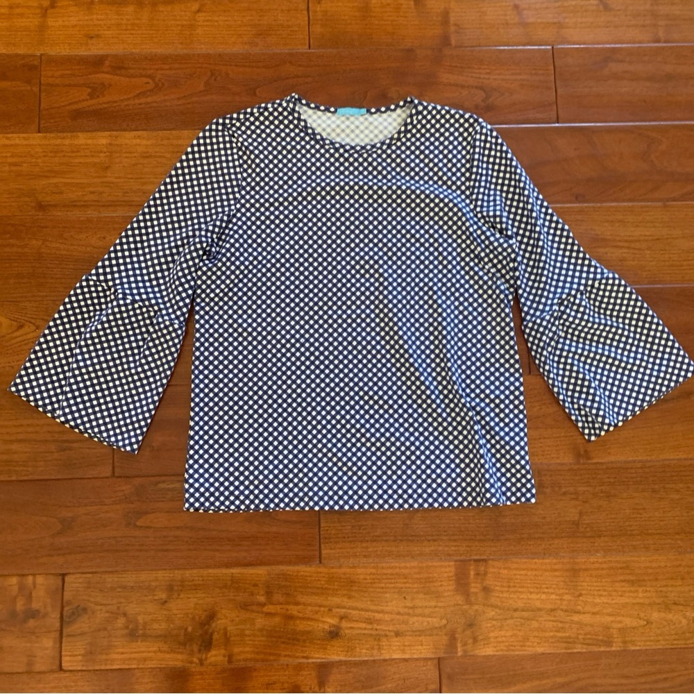 J.McLaughlin Bell Sleeve Top Size M Navy & White Gingham Catalina Cloth Stretch